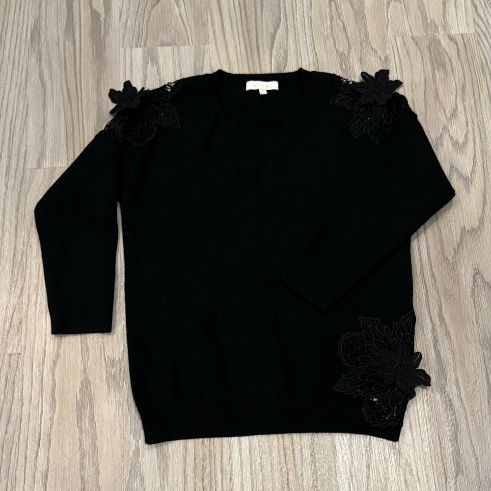 Anthropologie Eri + Ali Black 3D Floral Appliqué Sweater Top Black Small